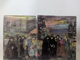 two paintings of people standing in front of a building with a sky background