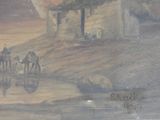 a painting of a group of people riding camels by a river