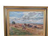Peinture à l'huile encadrée représentant un paysage avec une charrue et des chevaux dans un champ