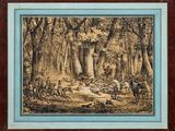 un tableau représentant une scène boisée avec, au premier plan, un homme à cheval