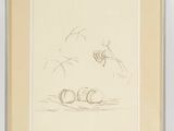 framed drawing of a cat and a bird on the ground