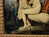 a painting of a naked woman sitting on a bed