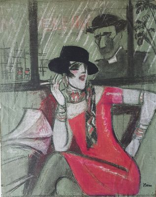 painting of a woman in a red dress and a man in a black hat