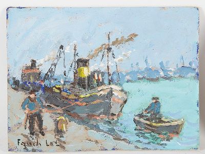une peinture représentant un bateau sur l'eau avec des personnes à bord