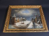 painting of a winter village scene with a horse drawn sleigh