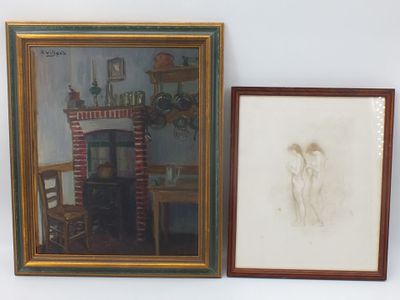 deux tableaux encadrés représentant une femme et une cheminée dans une pièce