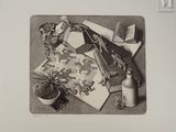 dessin au crayon représentant une nature morte avec des outils et des objets posés sur une table