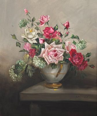 une peinture de roses dans un vase sur une table