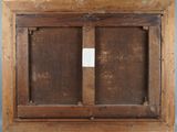 an old wooden window with a tag on the side of it