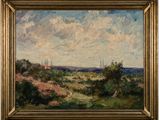 un tableau représentant un paysage avec des arbres et des buissons au premier plan