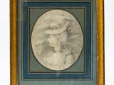 an old picture of a woman with a hat in a gold frame