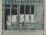 painting of a storefront with a table and chairs in front of it