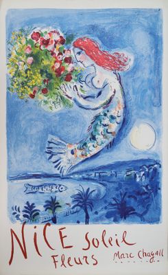 un tableau représentant une sirène avec des fleurs dans la bouche