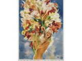 une image d'une peinture représentant une femme tenant un bouquet de fleurs