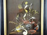 painting of a still life with a glass of wine, a bowl of fruit, and a spoon