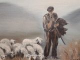 an oil painting of a man standing in a field with a flock of sheep