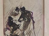an old picture of a man and a woman dancing in the rain