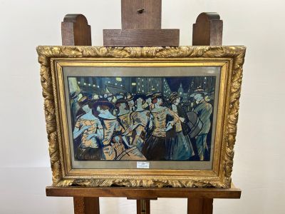 a painting of a group of people on a easel