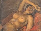 an oil painting of a nude woman laying down on a bed