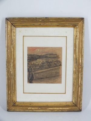 une vieille photo d'un tableau accroché au mur dans un cadre doré