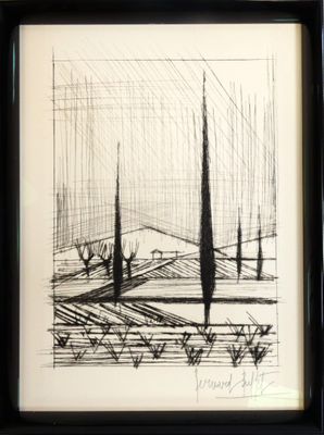 un dessin en noir et blanc représentant des arbres dans un champ, avec le ciel en arrière-plan