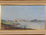 an oil painting of a river scene with a castle in the distance