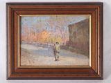 une peinture à l'huile représentant un homme marchant dans la rue avec un chien