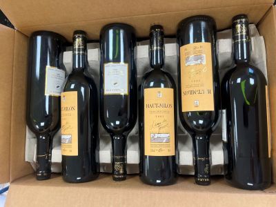six bouteilles de vin sont posées sur une table dans un carton