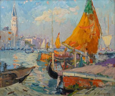painting of boats in a harbor with a clock tower in the background