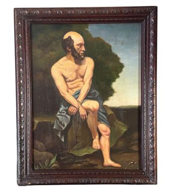 une peinture à l'huile représentant un homme assis sur un rocher, une serviette autour du cou