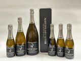 six bouteilles de champagne devant une boîte noire