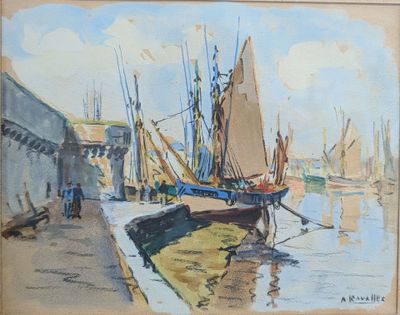 une peinture représentant une scène portuaire avec des bateaux sur l'eau