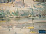 a watercolor painting of a man riding a horse by a river