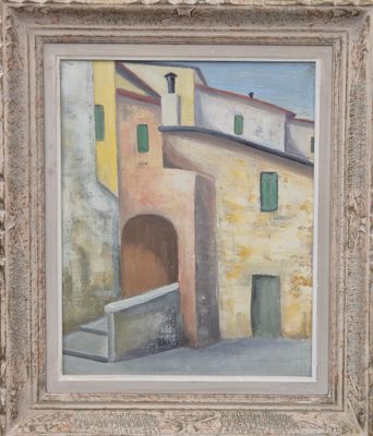 une peinture à l'huile représentant un bâtiment aux volets verts devant un mur de pierre