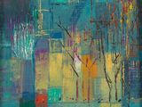 une peinture représentant un paysage urbain avec un arbre au premier plan