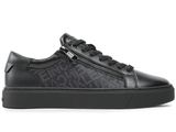 a black leather sneak with a logo print on the side