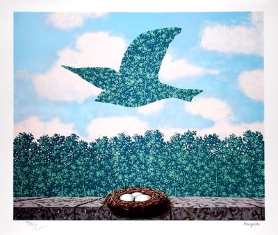 un oiseau survolant un nid contenant des œufs