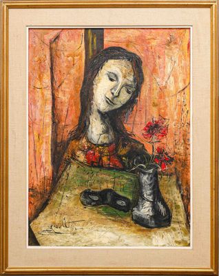 une image représentant un tableau où l'on voit une femme et un chat posés sur une table
