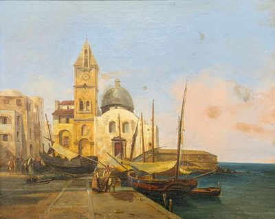 a painting of a city by the water with a clock tower