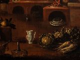 a painting of a kitchen with a lot of food on the table