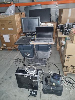 a lot of computer equipment that is sitting on the floor