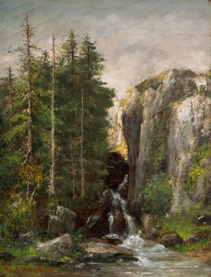 une image représentant une peinture d'une cascade dans une forêt