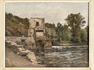 painting of a water mill on a river with trees in the background