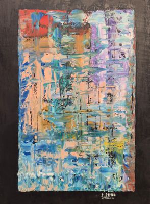une peinture représentant une peinture, sur fond noir, avec des couleurs bleues, orange et jaunes