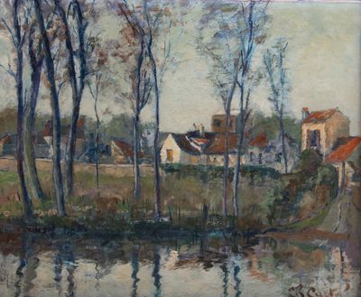 une peinture à l'huile représentant une rivière avec, en arrière-plan, des maisons et des arbres