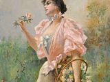 tableau représentant une femme en robe rose tenant un panier de fleurs