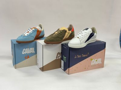 three pairs of shoes are sitting on a box in front of a white background