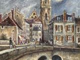 a painting of a bridge over a river with a clock tower in the background