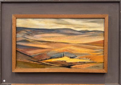 tableau à l'huile encadré représentant un paysage avec des collines au loin
