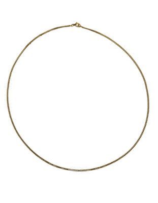 a gold necklace on a white background